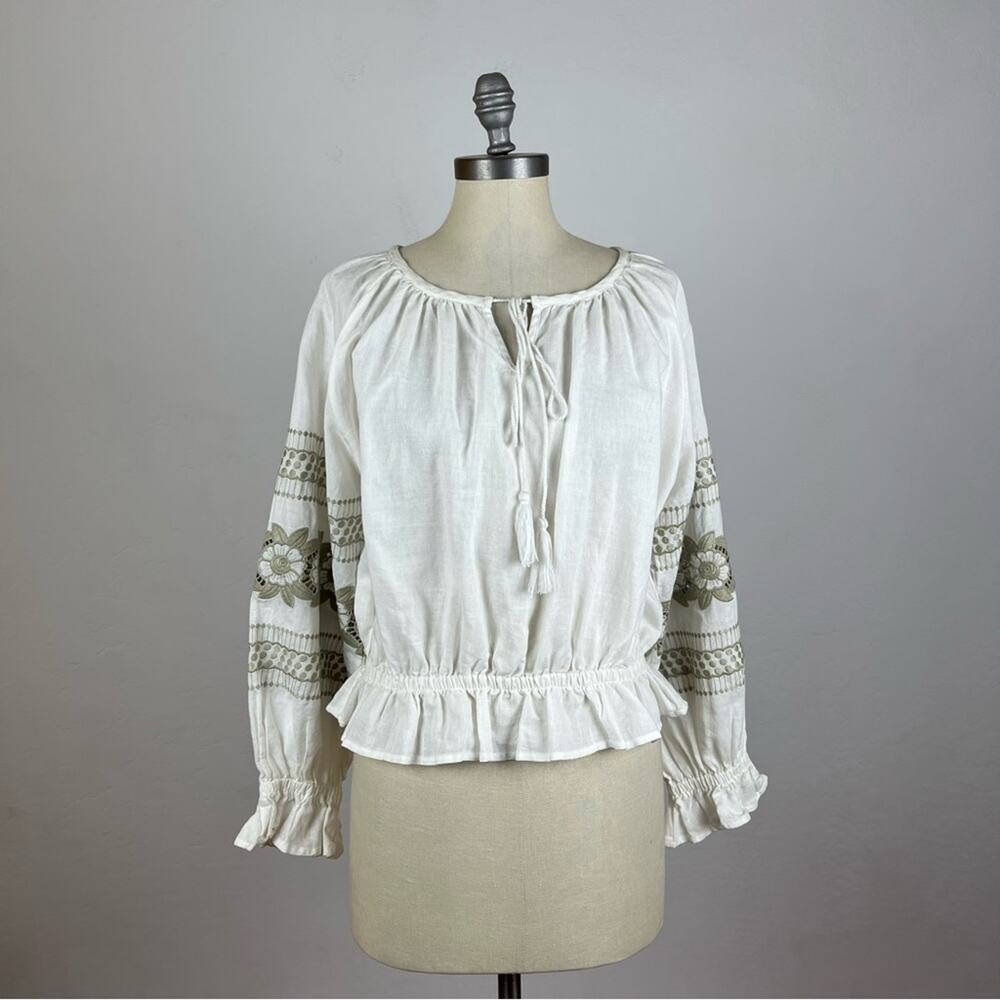 Anthropologie Eri + Ali White Embroidered Peasant Blouse